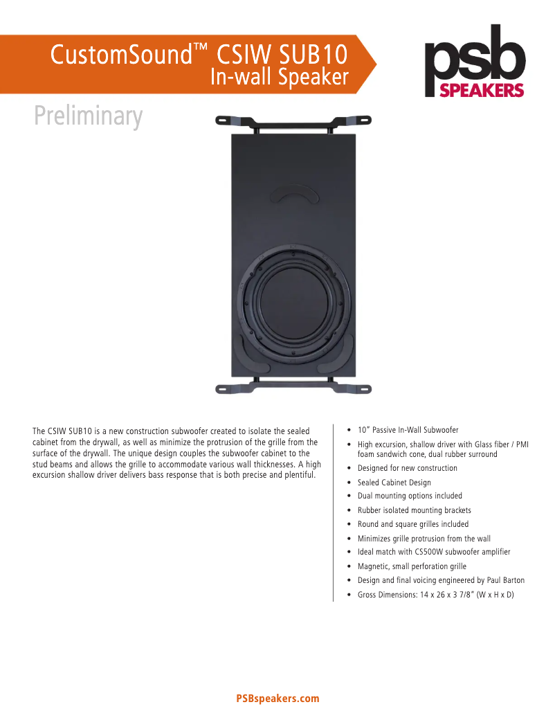 Page 1 de la notice Fiche technique PSB CSIW SUB10