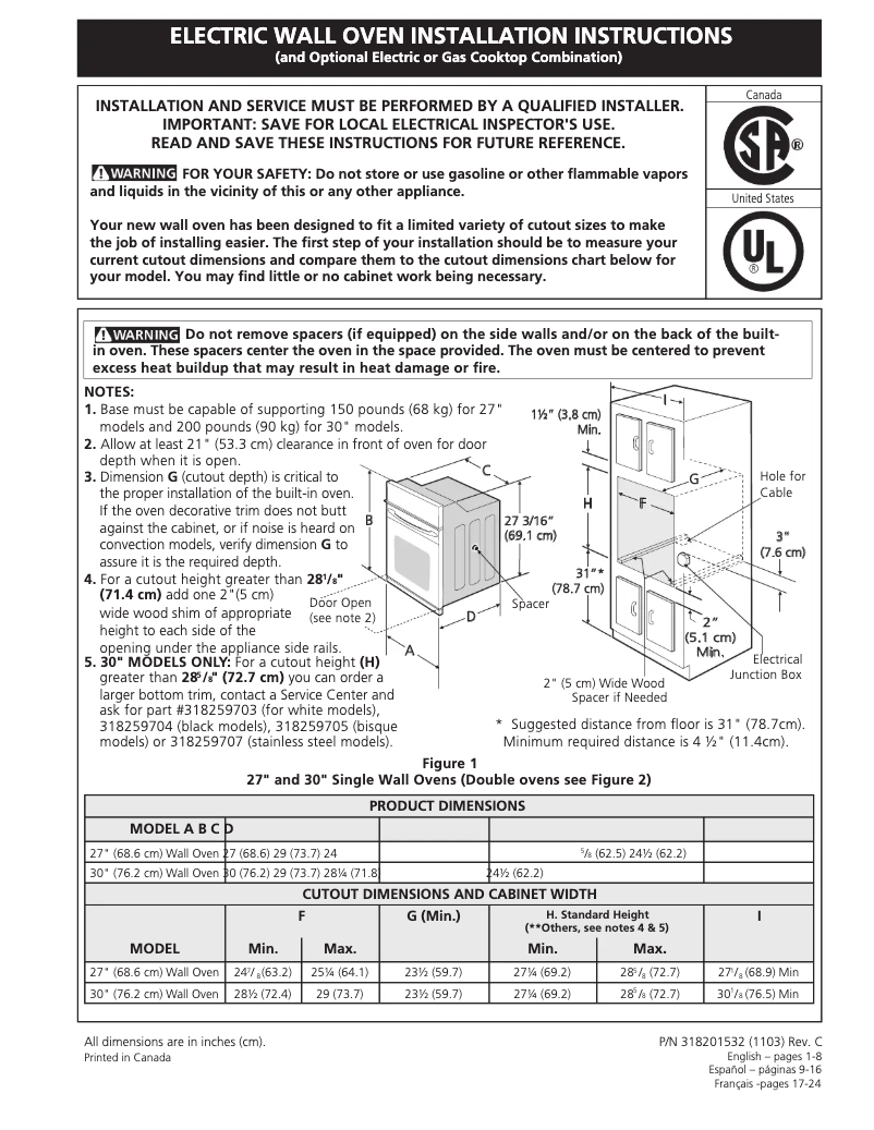 Page 1 de la notice Guide d'installation Frigidaire FGEW3065KB