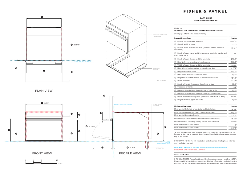 Page 1 de la notice Fiche technique Fisher & Paykel OS24NDB1