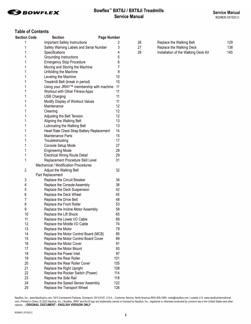 Page n°1 - Manuel utilisateur Bowflex BXT8Ji