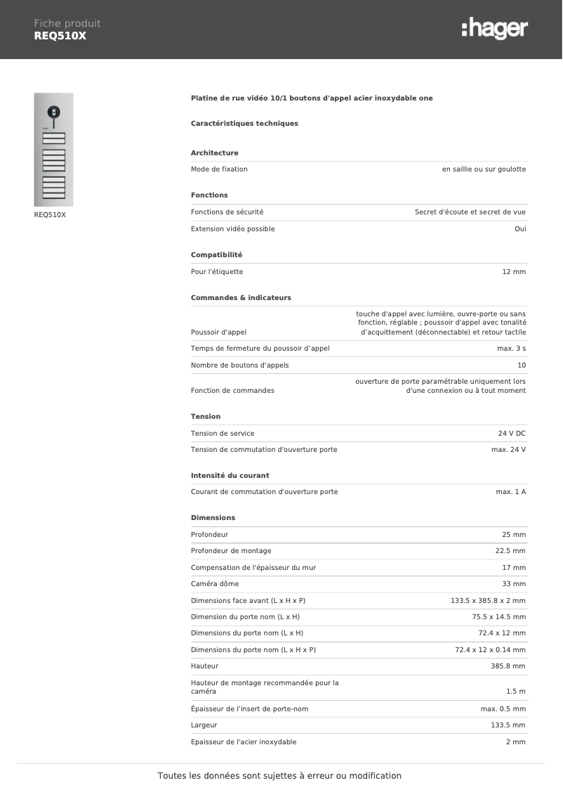 Page n°1 - Fiche technique Elcom REQ510X