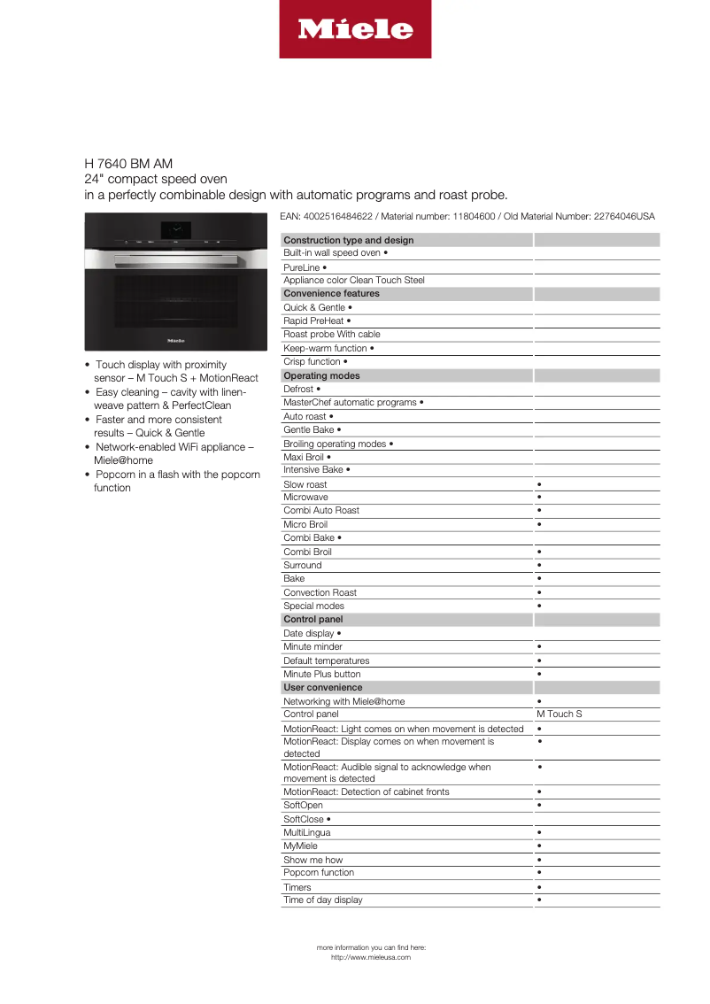 Página 1 del manual Ficha técnica Miele H 7640 BM AM