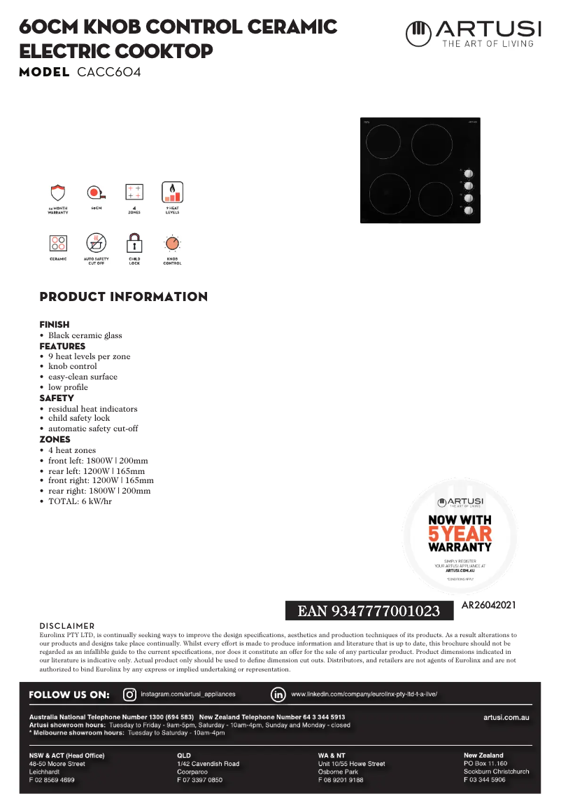 Page 1 de la notice Fiche technique Artusi CACC604