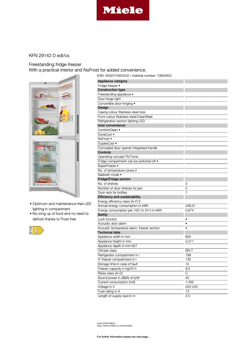 Page 1 de la notice Fiche technique Miele KFN 29142 D