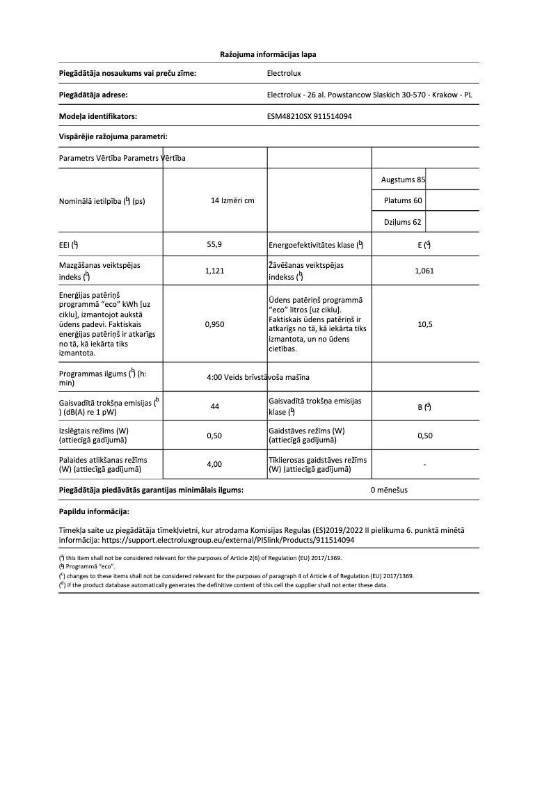 Page 1 de la notice Fiche technique Electrolux ESM48210SX