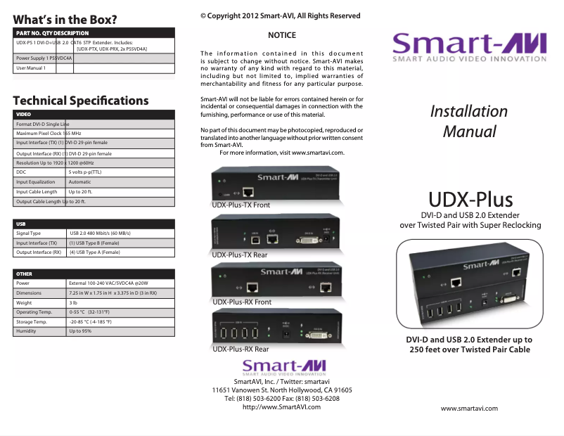 Page n°1 - Manuel utilisateur Smart-AVI UDX-PTXS