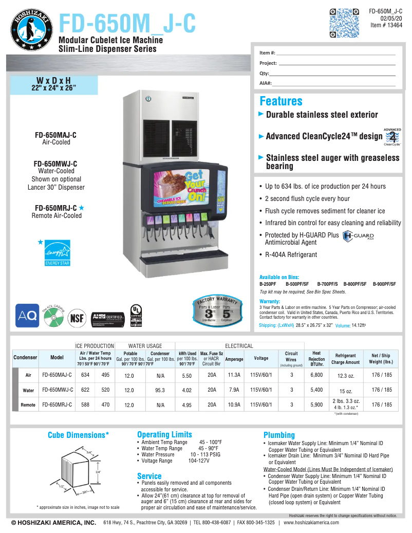 Page 1 de la notice Fiche technique Hoshizaki FD-650MAH-C
