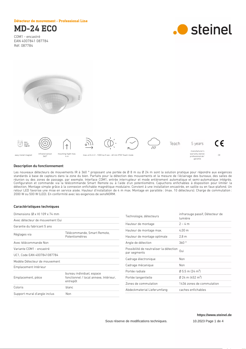 Page 1 de la notice Fiche technique Steinel MD-24 ECO COM1
