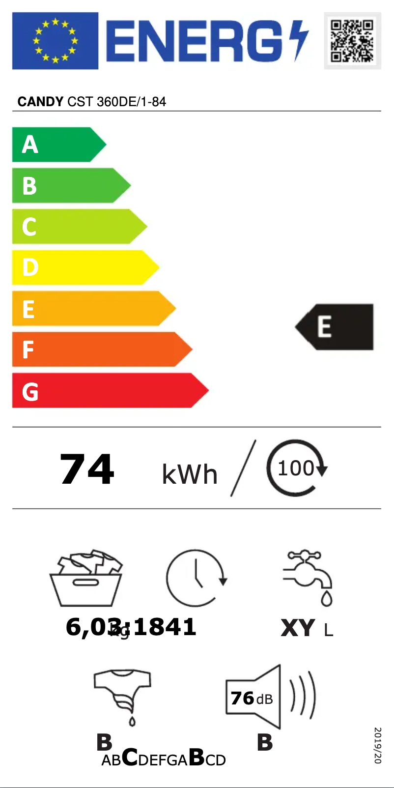 Page 1 de la notice Label énergétique Candy CST 360DE/1-84