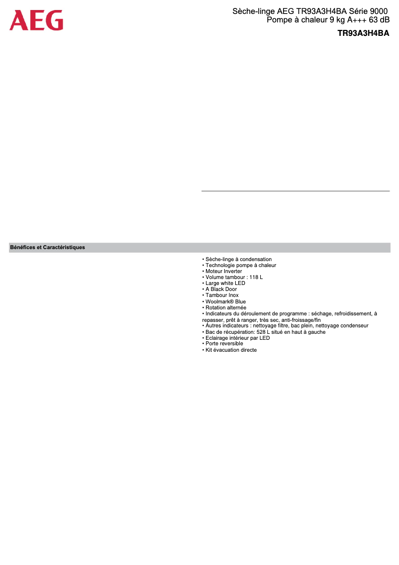 Page 1 de la notice Fiche technique AEG TR93A3H4BA