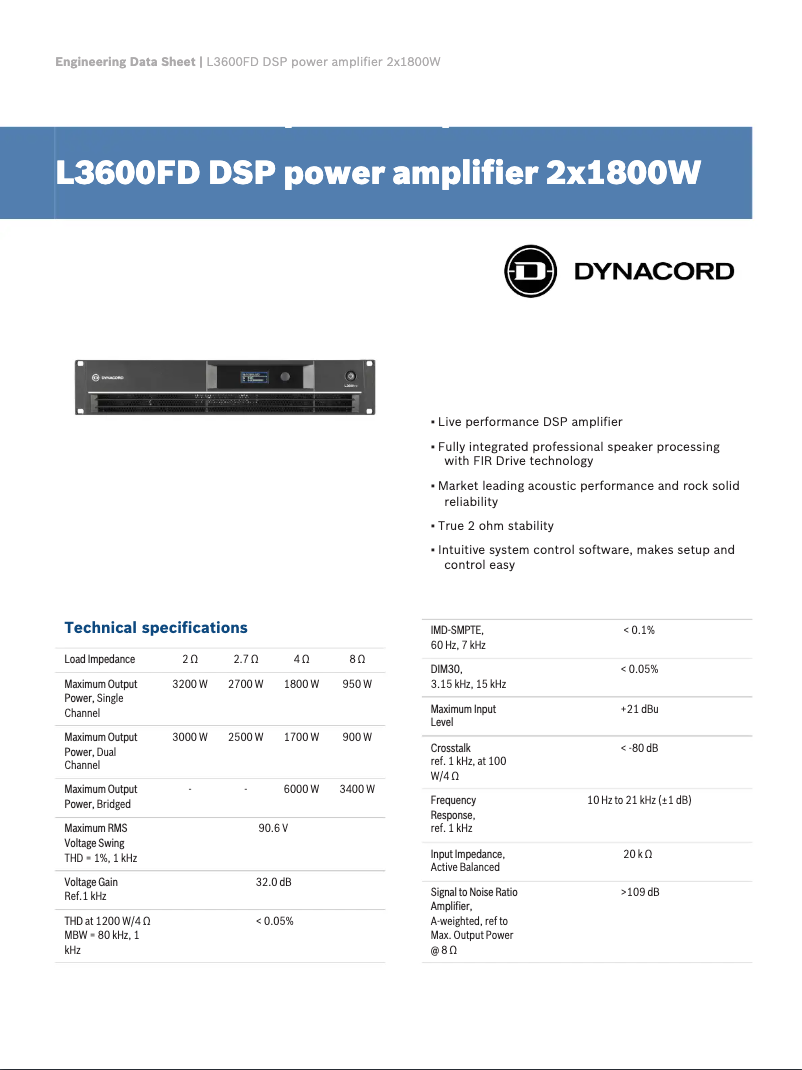 Page 1 de la notice Fiche technique Dynacord L3600FD DSP
