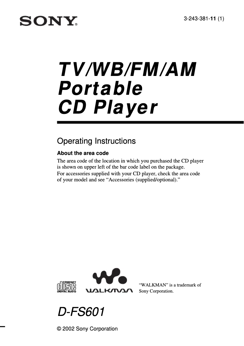 Page 1 de la notice Manuel utilisateur Sony Discman D-FS601