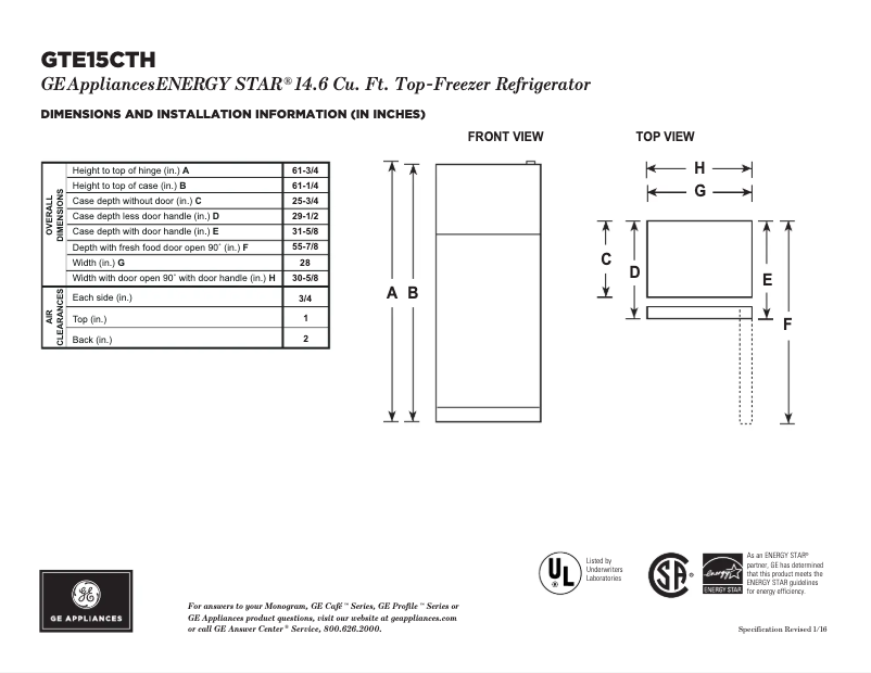 Page 1 of the manual Technical Sheet GE GTE15CTHRBB