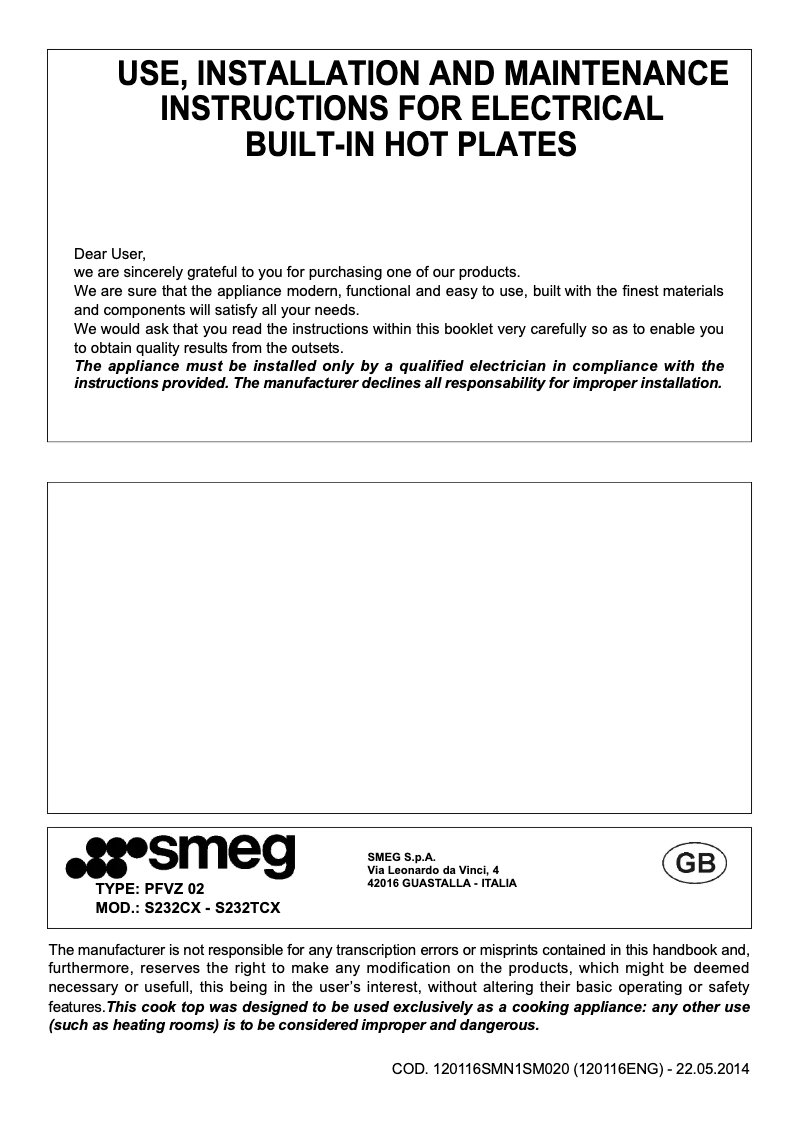 Page 1 de la notice Brochure Smeg S232TCX