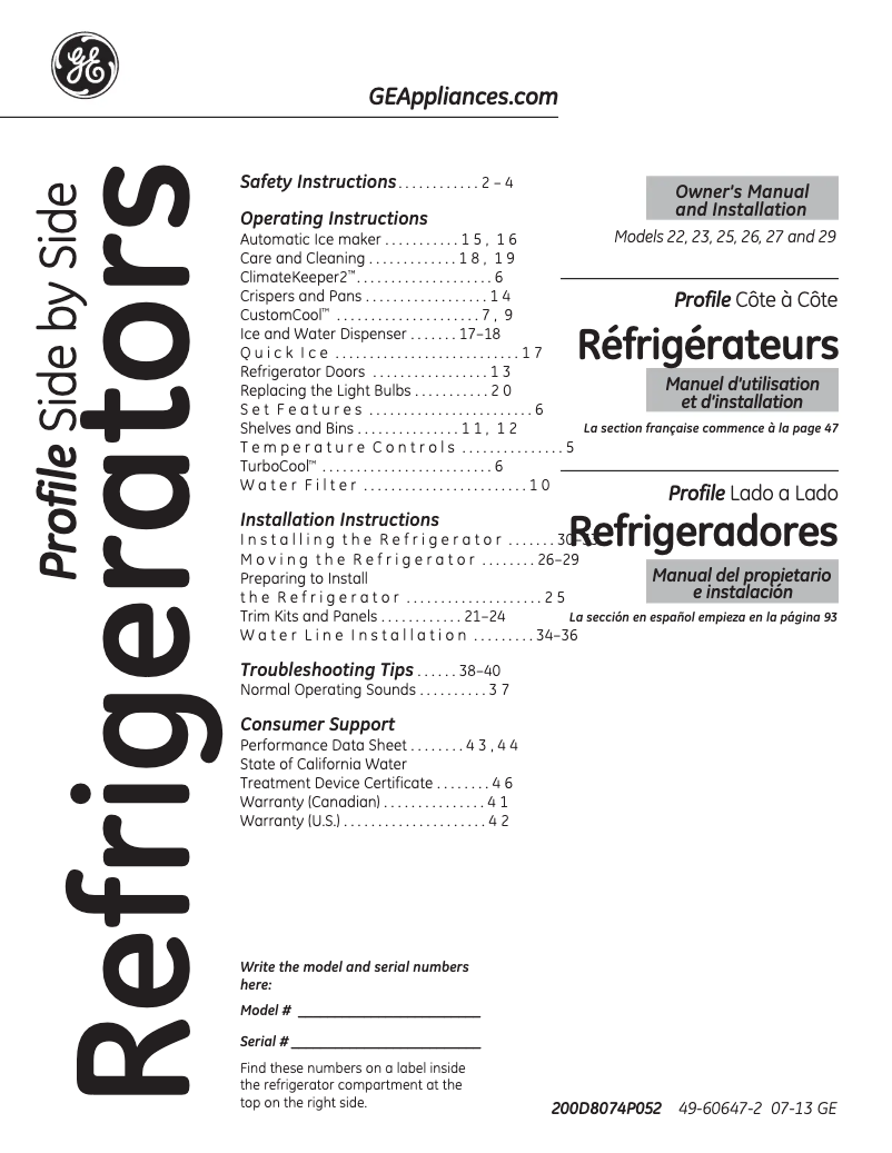 Page n°1 - Manuel d'utilisation et d'entretien GE PSHF6PGZBB