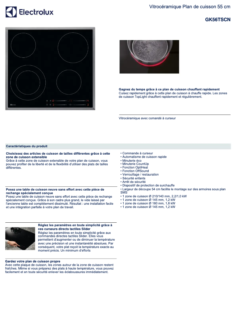 Page 1 de la notice Fiche technique Electrolux GK56TSCN