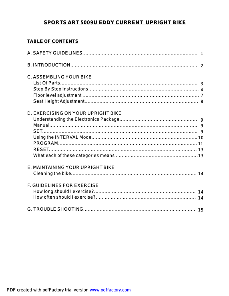 Page 1 de la notice Manuel utilisateur SportsArt 5009U