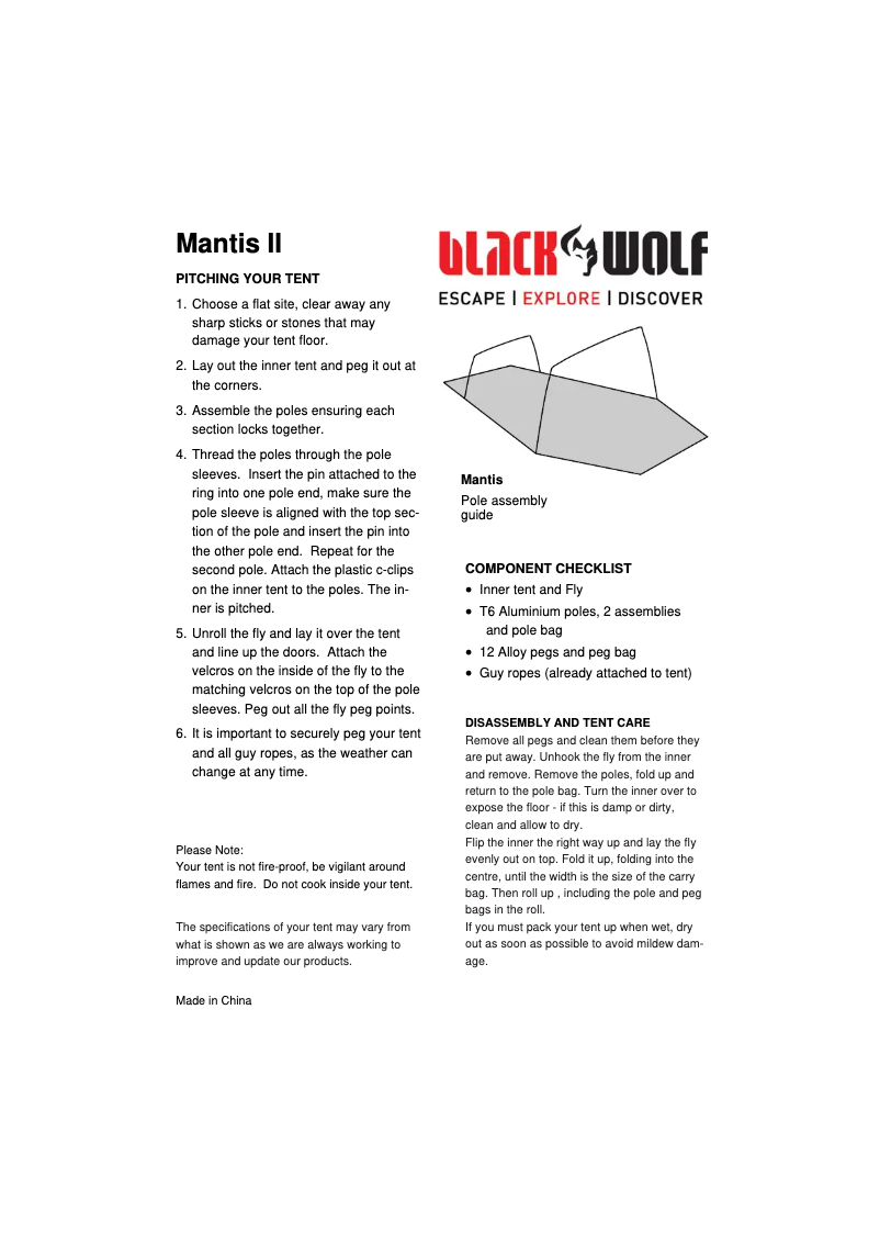 Page 1 de la notice Manuel utilisateur Black Wolf Mantis II