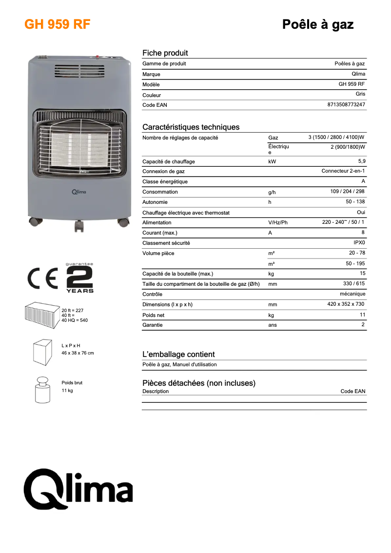 Page n°1 - Fiche technique Qlima GH959RF