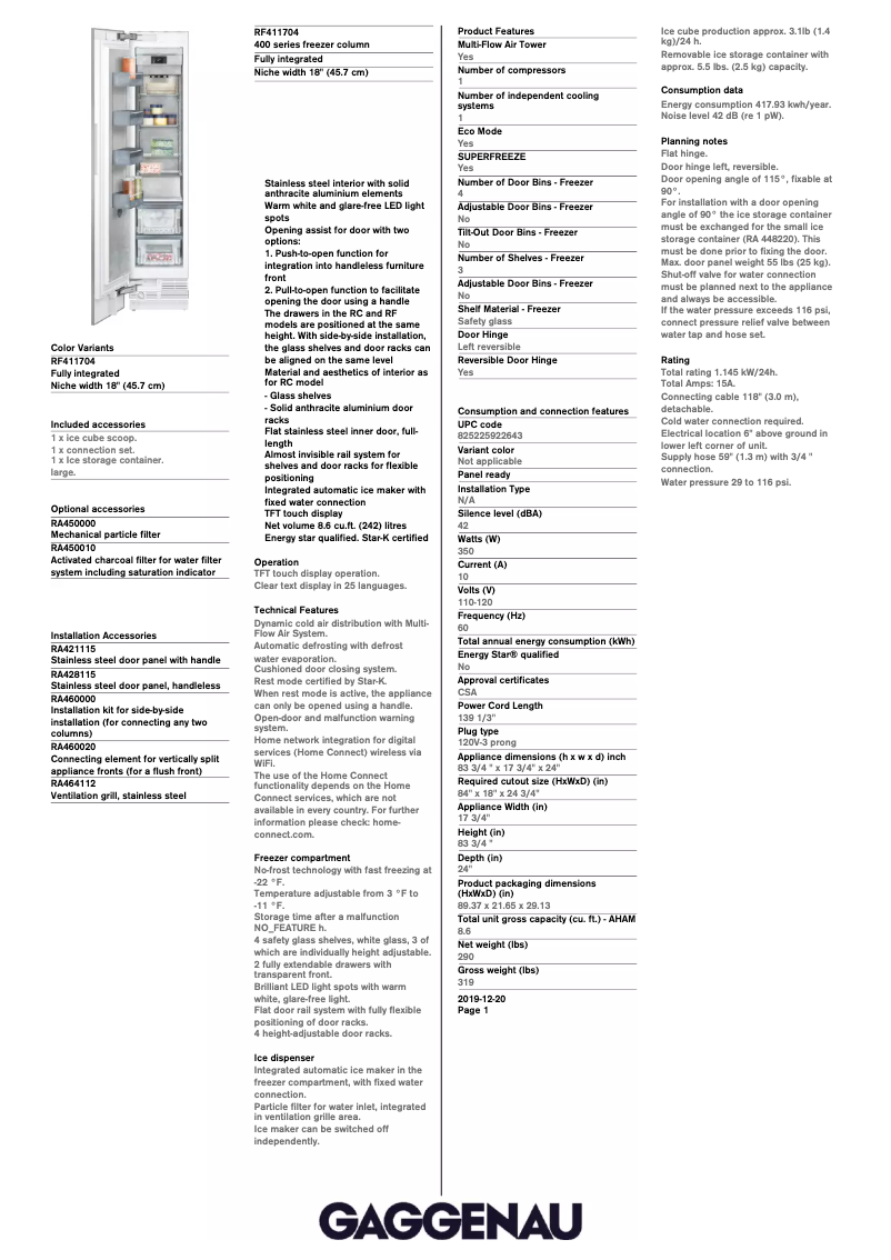 Page 1 de la notice Fiche technique Gaggenau RF411704