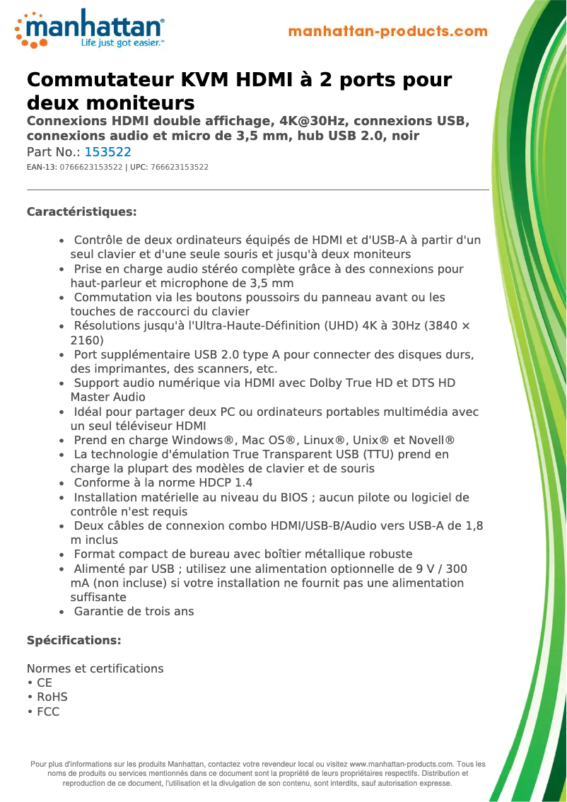 Page 1 de la notice Fiche technique Manhattan 153522