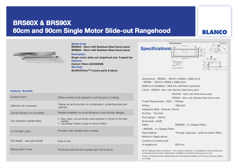 Page 1 de la notice Fiche technique BLANCO BRS60X