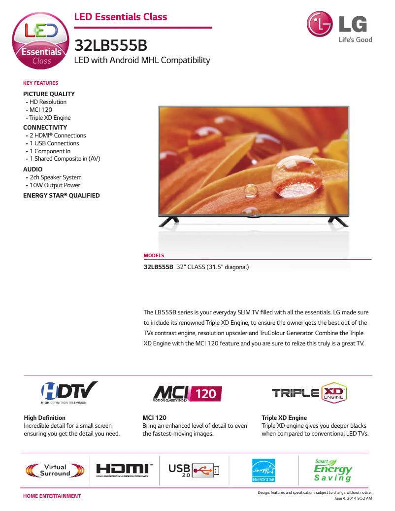 Página 1 del manual Ficha técnica LG 32LB555B