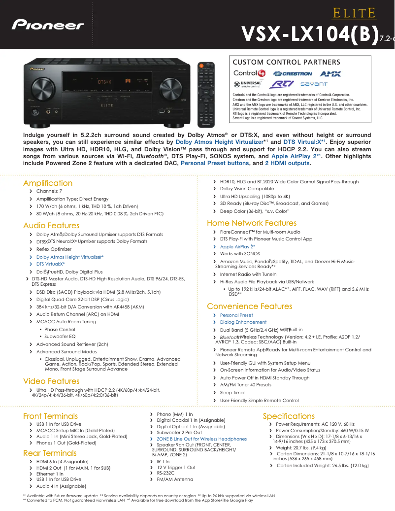 Page n°1 - Fiche technique Pioneer VSX-LX104