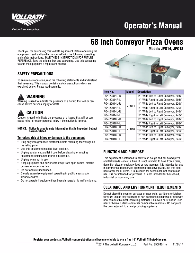 Page 1 de la notice Manuel utilisateur Vollrath JPO14