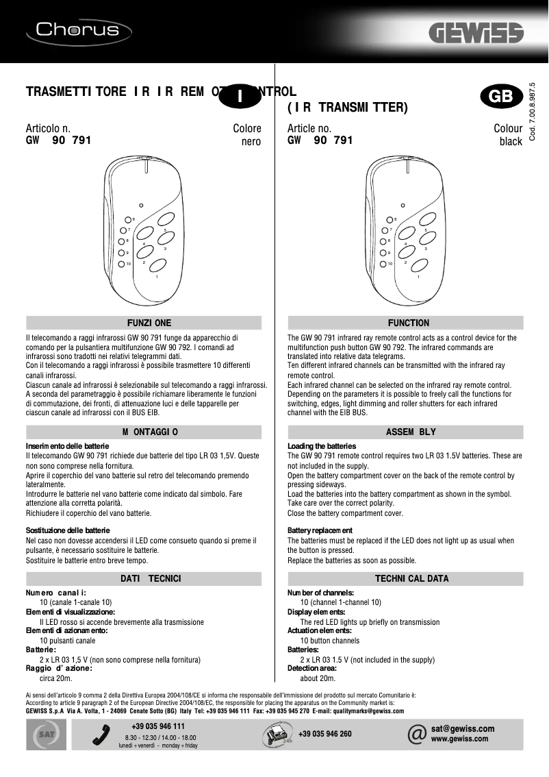 Page 1 de la notice Manuel utilisateur Gewiss GW90791