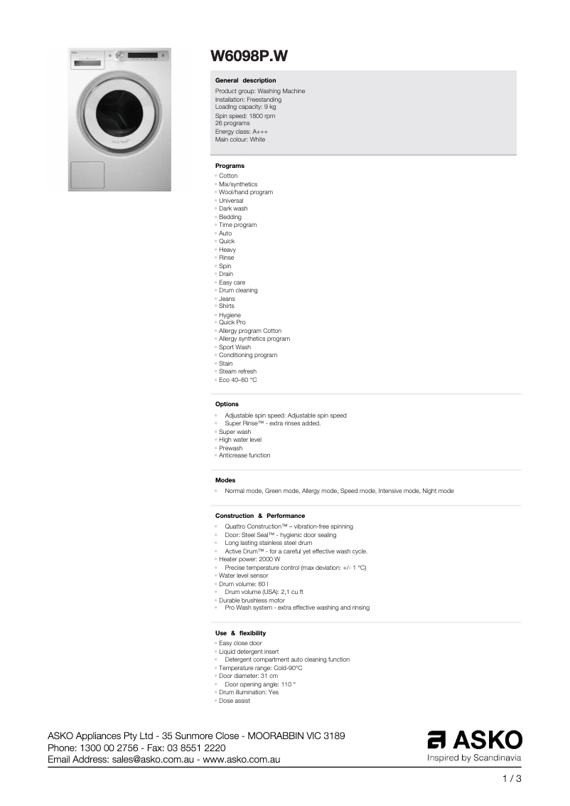 Image de la première page du manuel de l'appareil W6098P.W