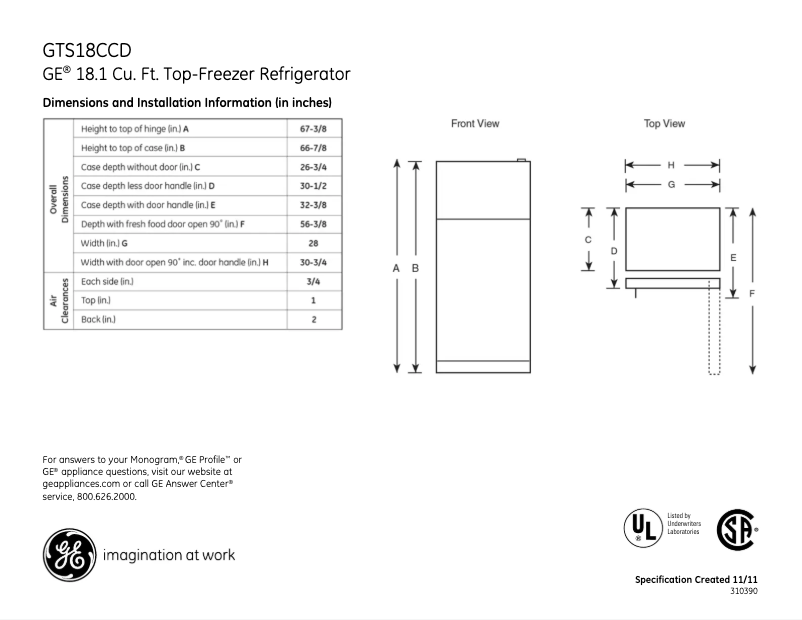 Page n°1 - Fiche technique GE GTS18CCDWW