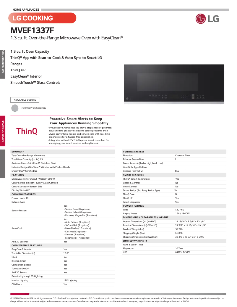 Page 1 of the manual Technical Sheet LG MVEF1337F