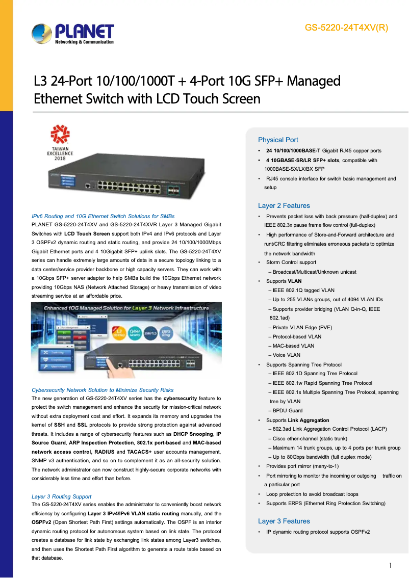Page n°1 - Fiche technique Planet GS-5220-24T4XVR