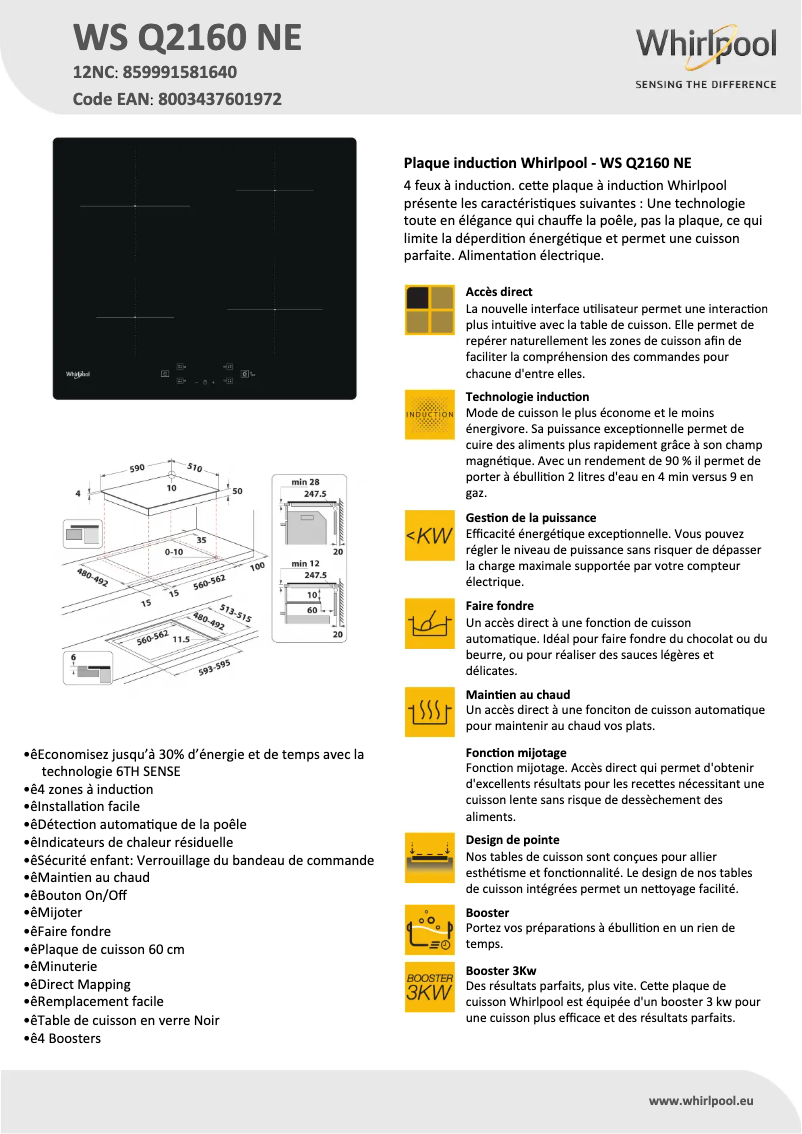Page 1 de la notice Fiche technique Whirlpool WS Q2160 NE