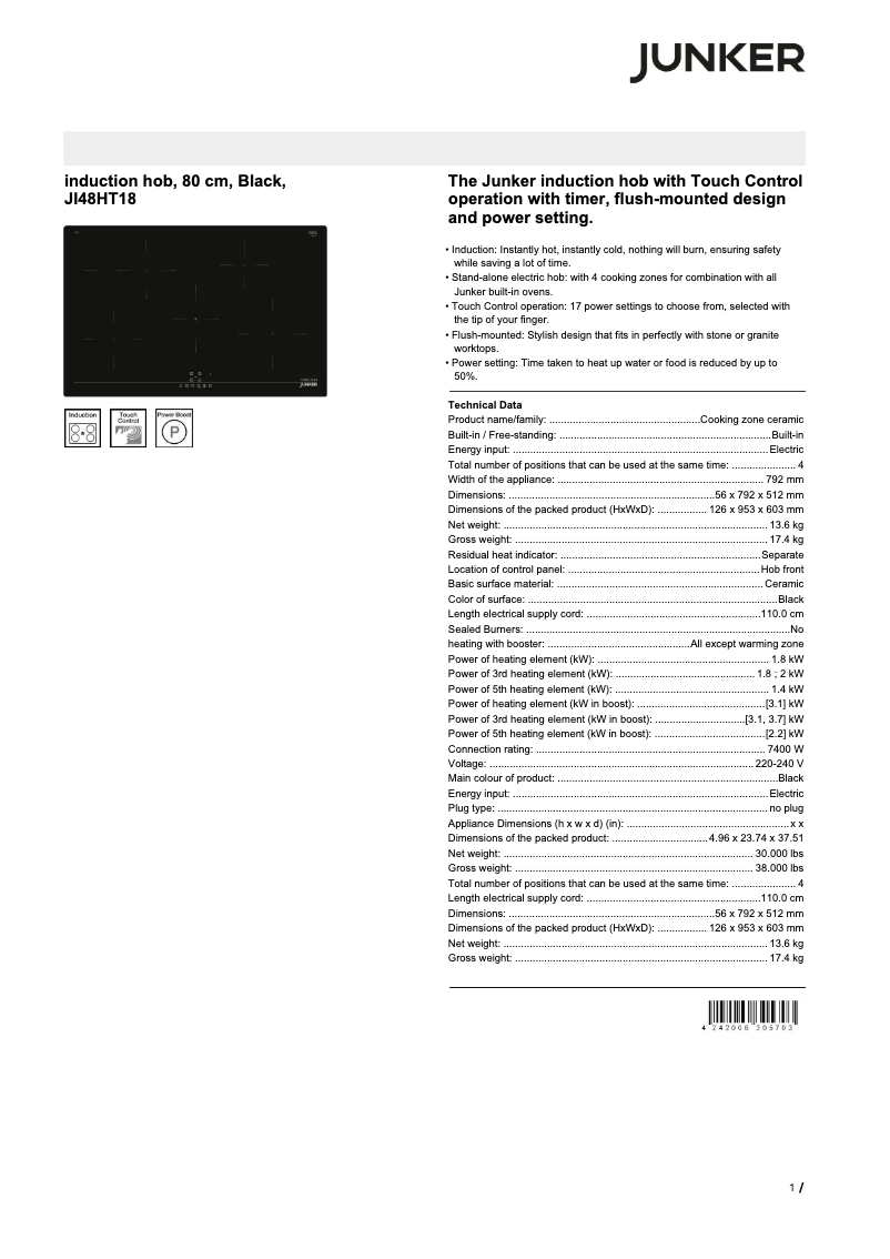 Page n°1 - Fiche technique Junker JI48HT18
