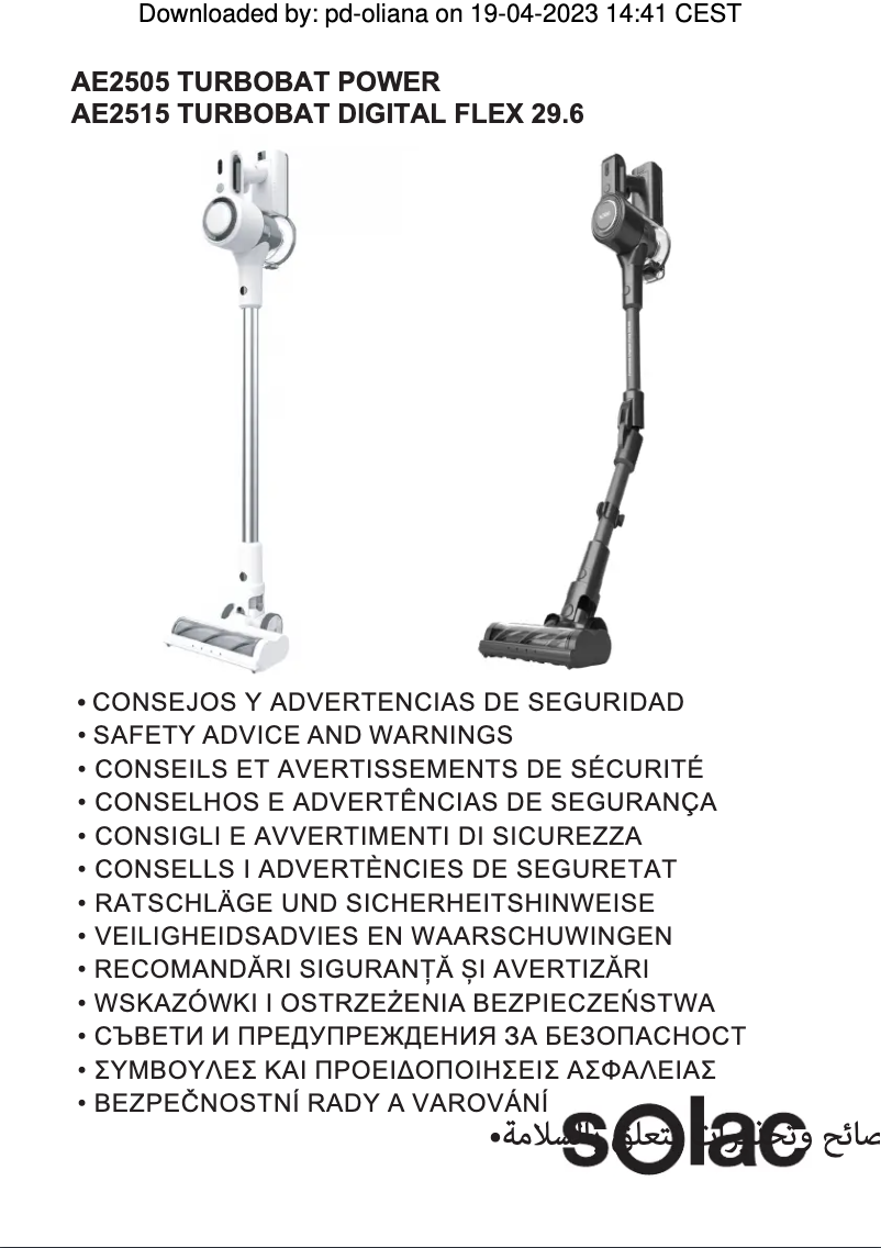 Página 1 del manual Instrucciones de seguridad Solac Turbobat Digital Flex 29.6V AE2515