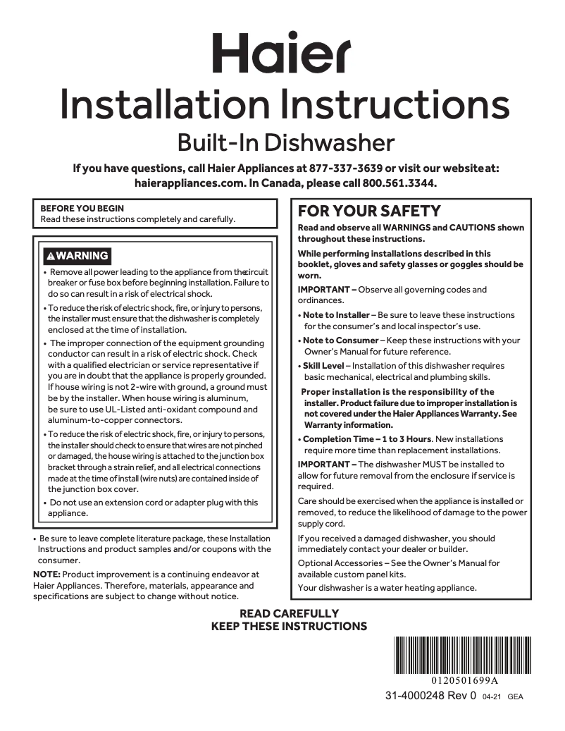 Page n°1 - Guide d'installation GE UDT165SIVII