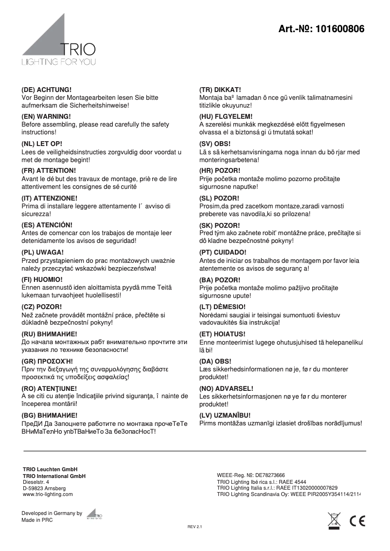 Page 1 de la notice Manuel utilisateur Trio Lighting Lucerna 101600806