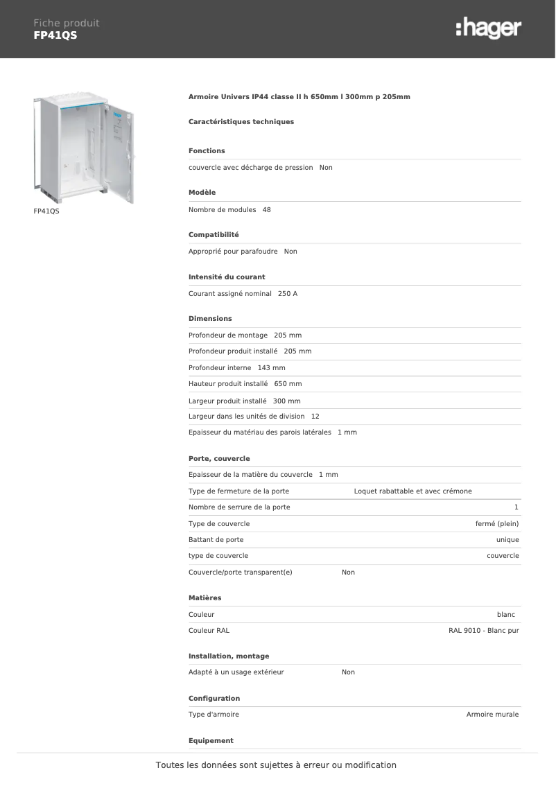 Page 1 de la notice Fiche technique Hager FP41QS