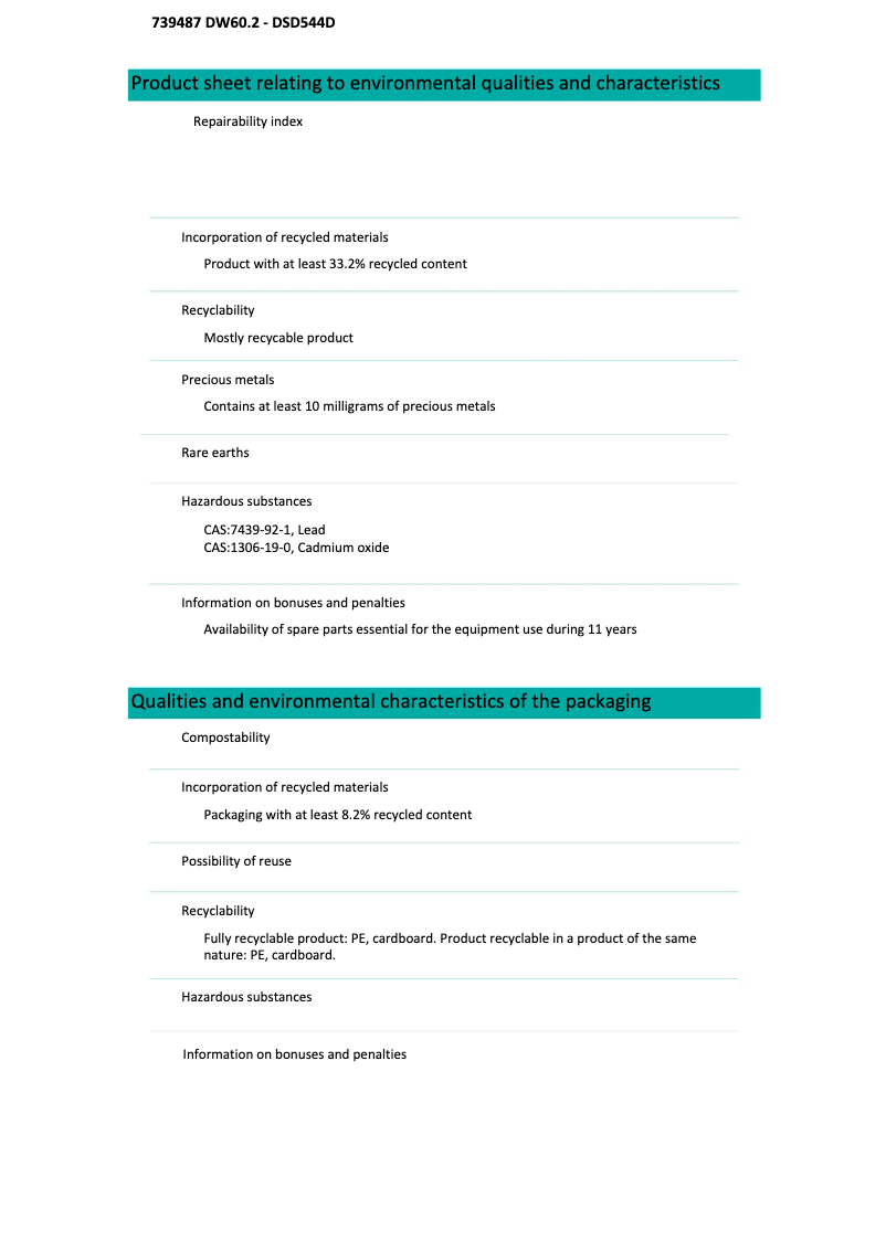 Page n°1 - Fiche technique Asko DSD544D