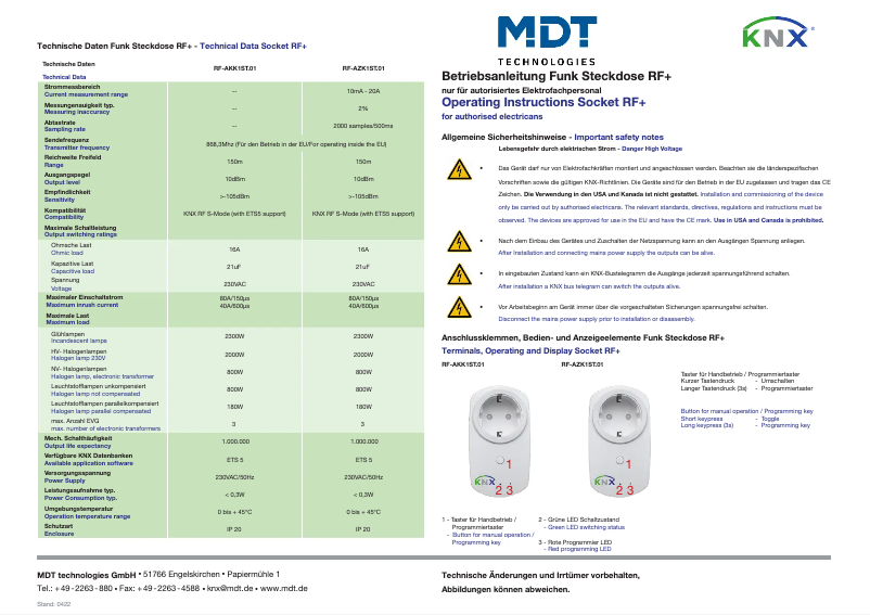 Page 1 de la notice Manuel utilisateur MDT RF-AKK1ST.01