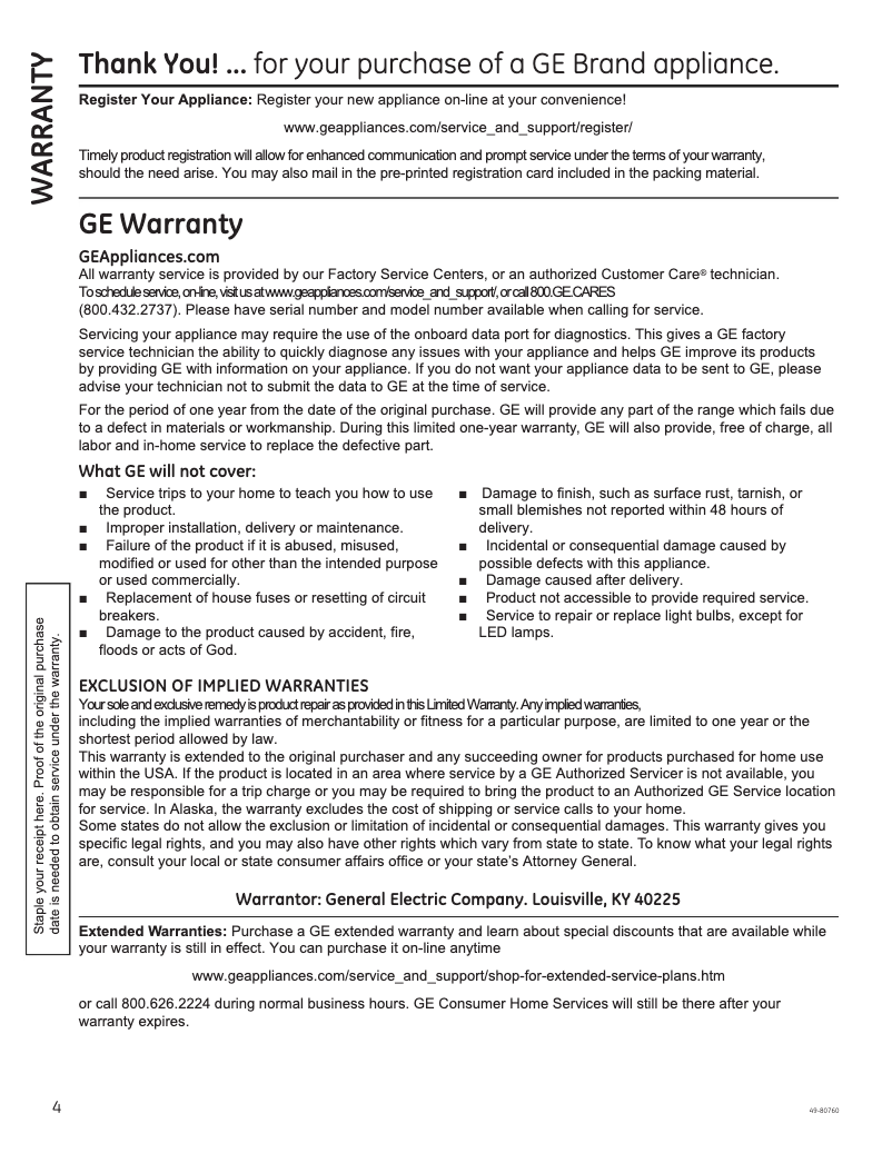 Page 1 de la notice Informations de garantie GE JVW5301SJSS