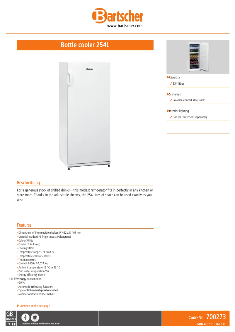Page n°1 - Fiche technique Bartscher 700273