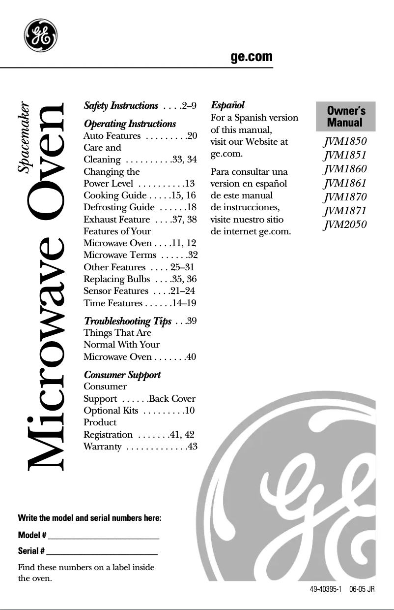 Page 1 de la notice Manuel d'utilisation et d'entretien GE JVM1860SF