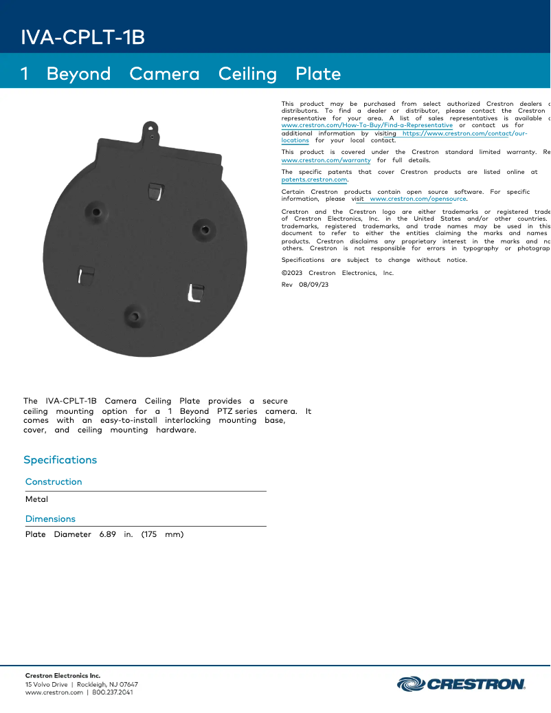 Página 1 del manual Ficha técnica Crestron IVA-CPLT-1B