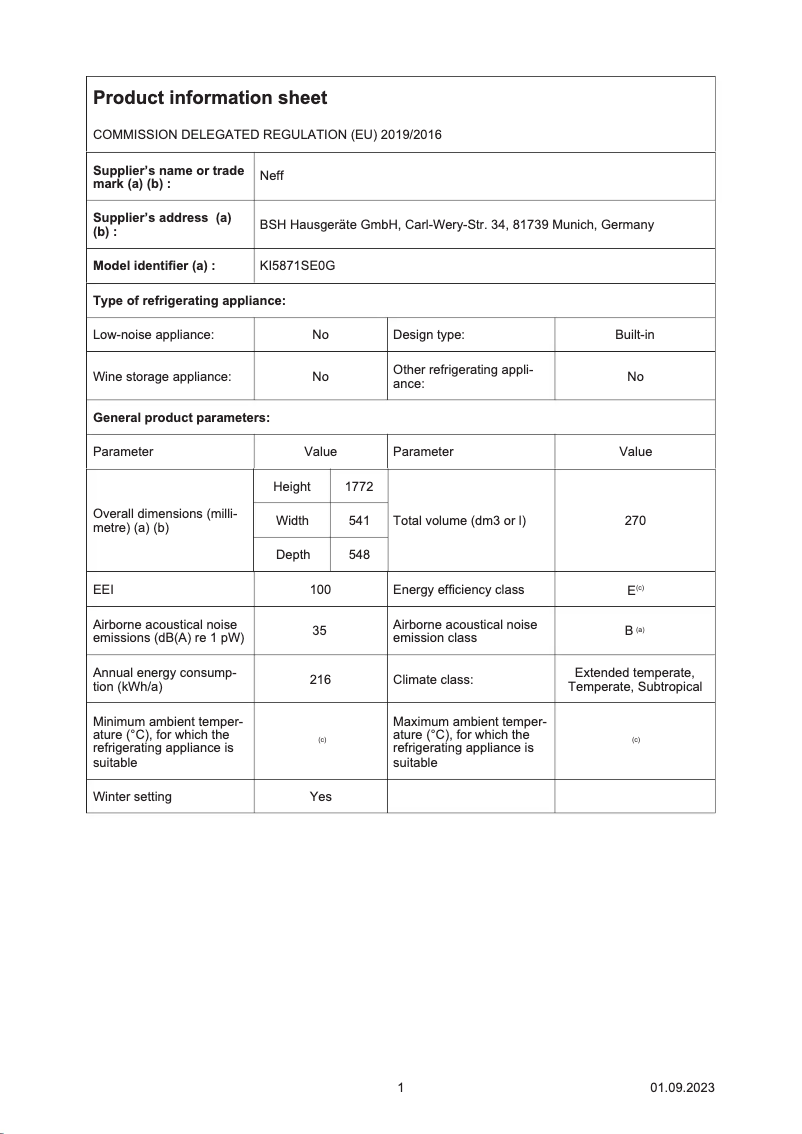 Page 1 de la notice Fiche technique Neff KI5871SE0G