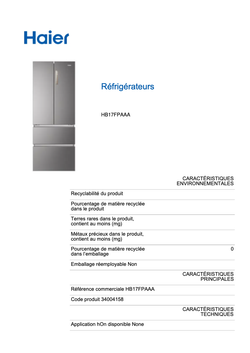 Page n°1 - Label énergétique Haier HB17FPAAA