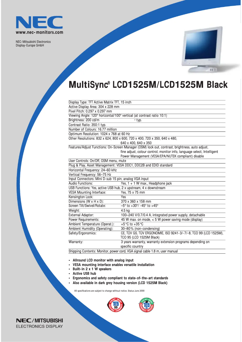 Page 1 de la notice Fiche technique NEC MultiSync LCD1525MBK