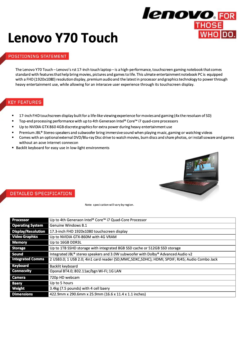 Page n°1 - Manuel utilisateur Lenovo Y70 Touch